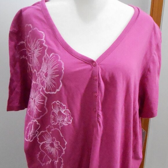 Jayne B Collection Fuchsia Ladies V-Neck Floral Short Sleeve Top-Size-20/22W - Picture 1 of 7